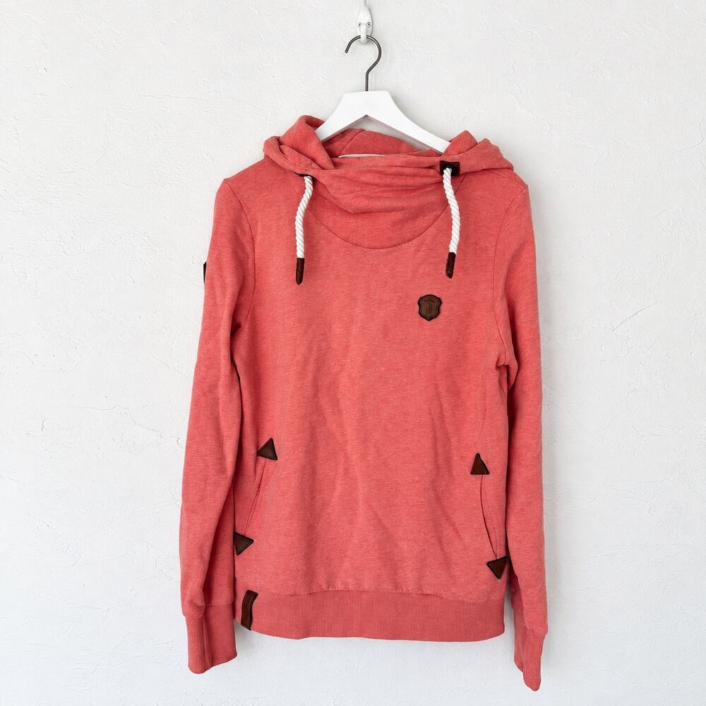Naketano Womens XL Coral Cowl Neck Hoodie Owl Patch Rope Drawstring Streetwear